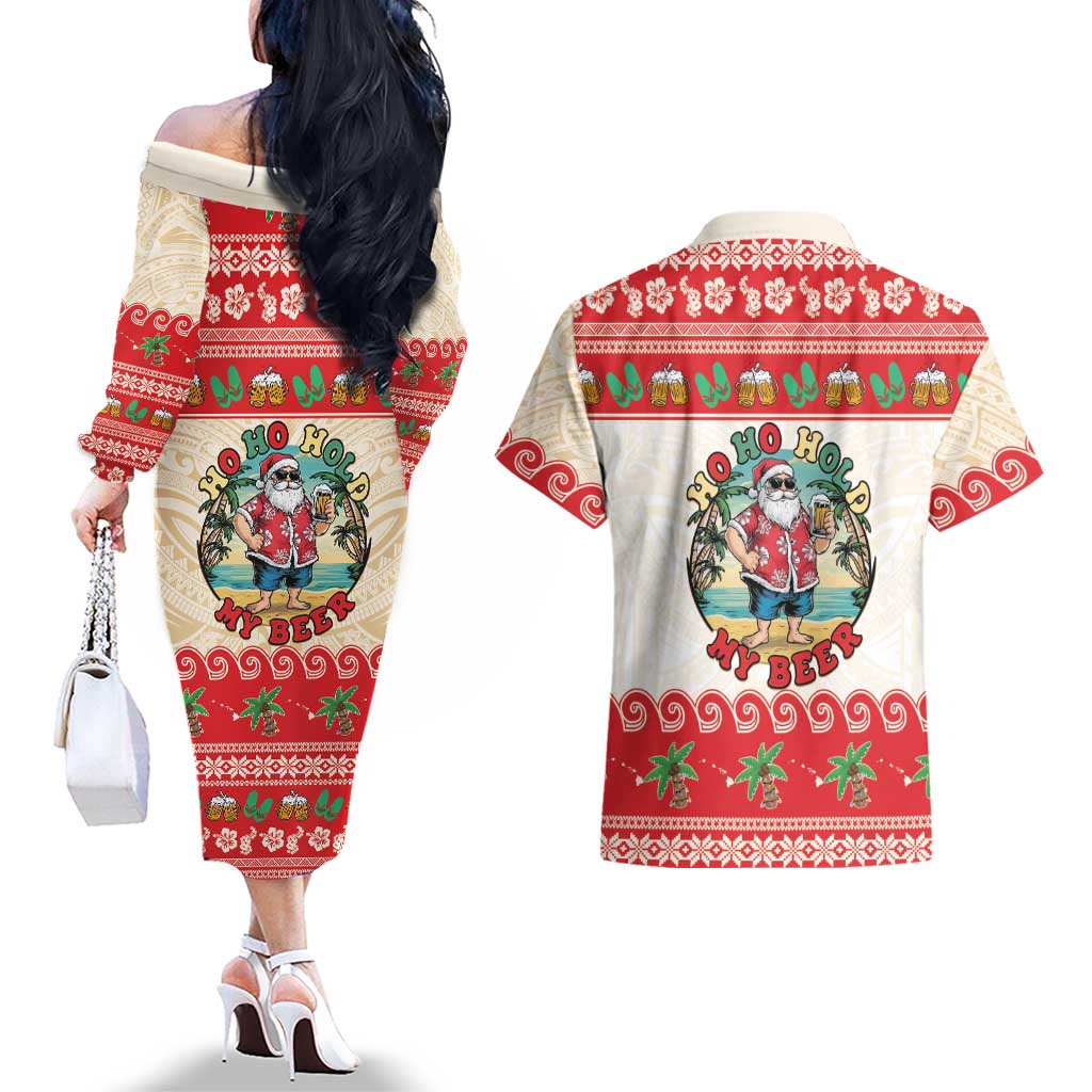 Mele Kalikimaka Hawaii Couples Matching Off The Shoulder Long Sleeve Dress and Hawaiian Shirt Funny Beer-Loving Santa Hawaiian Tropical LT14 - Polynesian Pride