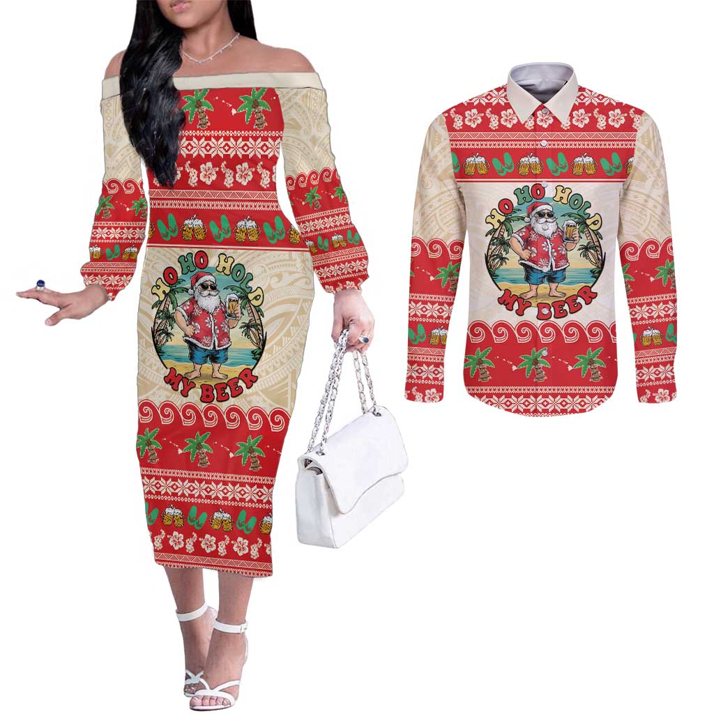 Mele Kalikimaka Hawaii Couples Matching Off The Shoulder Long Sleeve Dress and Long Sleeve Button Shirt Funny Beer-Loving Santa Hawaiian Tropical LT14 Red - Polynesian Pride