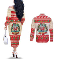 Mele Kalikimaka Hawaii Couples Matching Off The Shoulder Long Sleeve Dress and Long Sleeve Button Shirt Funny Beer-Loving Santa Hawaiian Tropical LT14 - Polynesian Pride