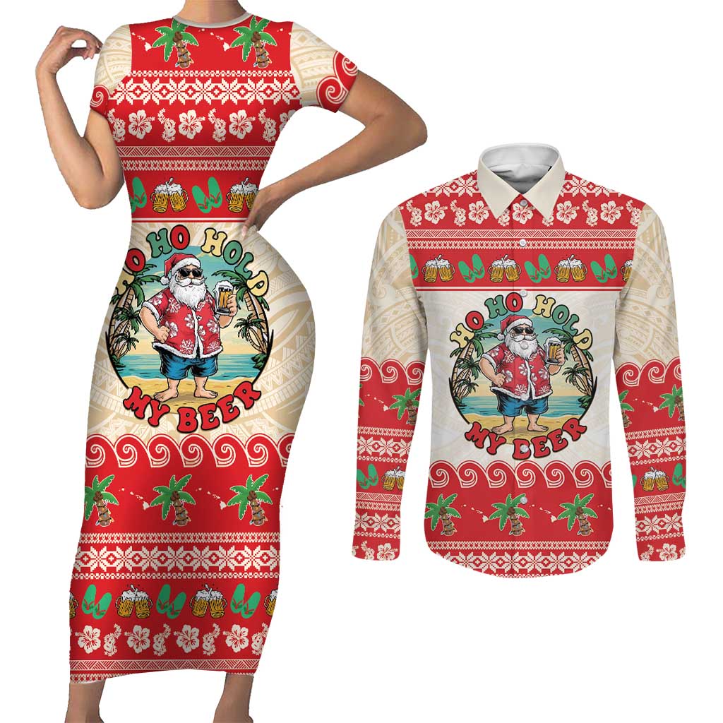Mele Kalikimaka Hawaii Couples Matching Short Sleeve Bodycon Dress and Long Sleeve Button Shirt Funny Beer-Loving Santa Hawaiian Tropical - Polynesian Pride