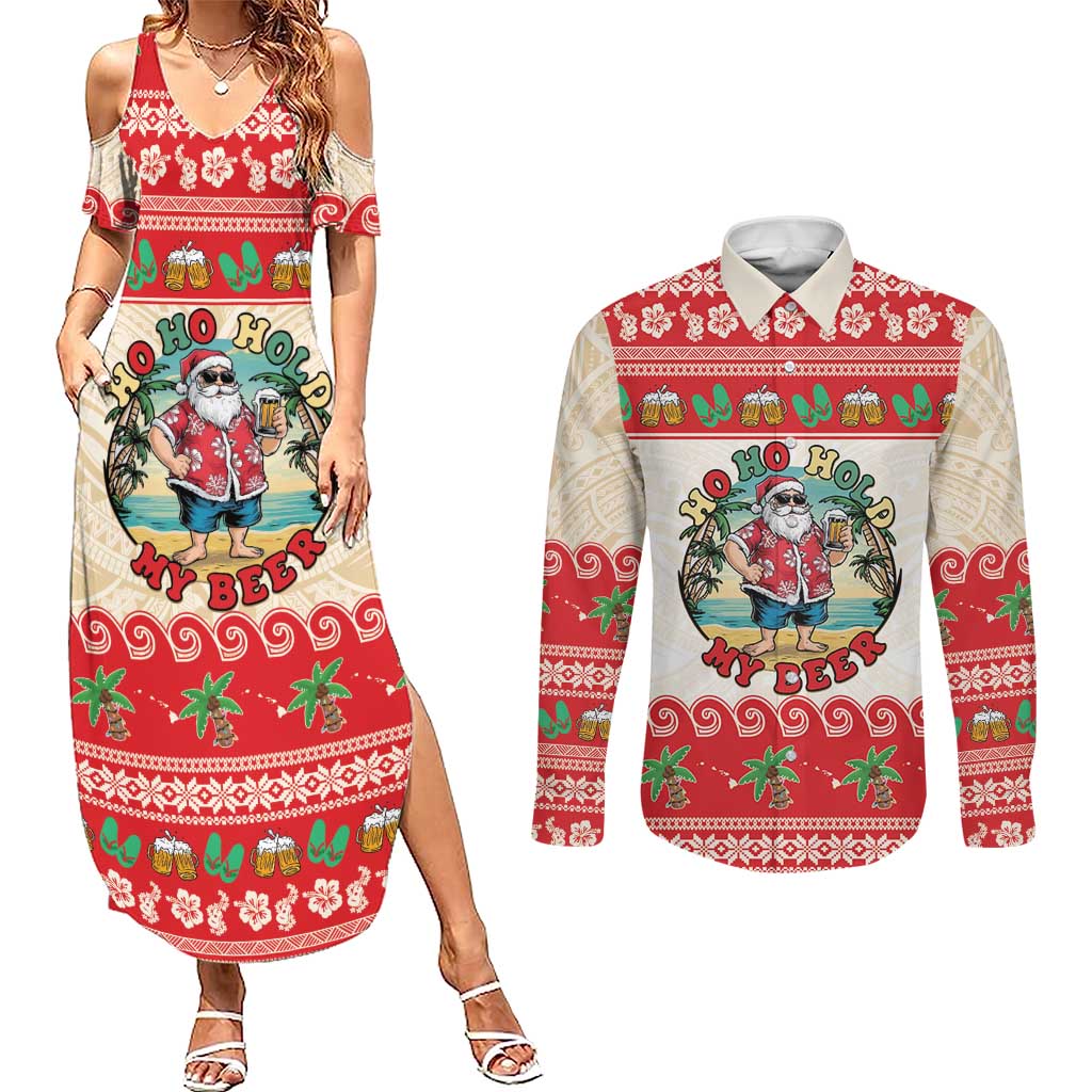 Mele Kalikimaka Hawaii Couples Matching Summer Maxi Dress and Long Sleeve Button Shirt Funny Beer-Loving Santa Hawaiian Tropical - Polynesian Pride