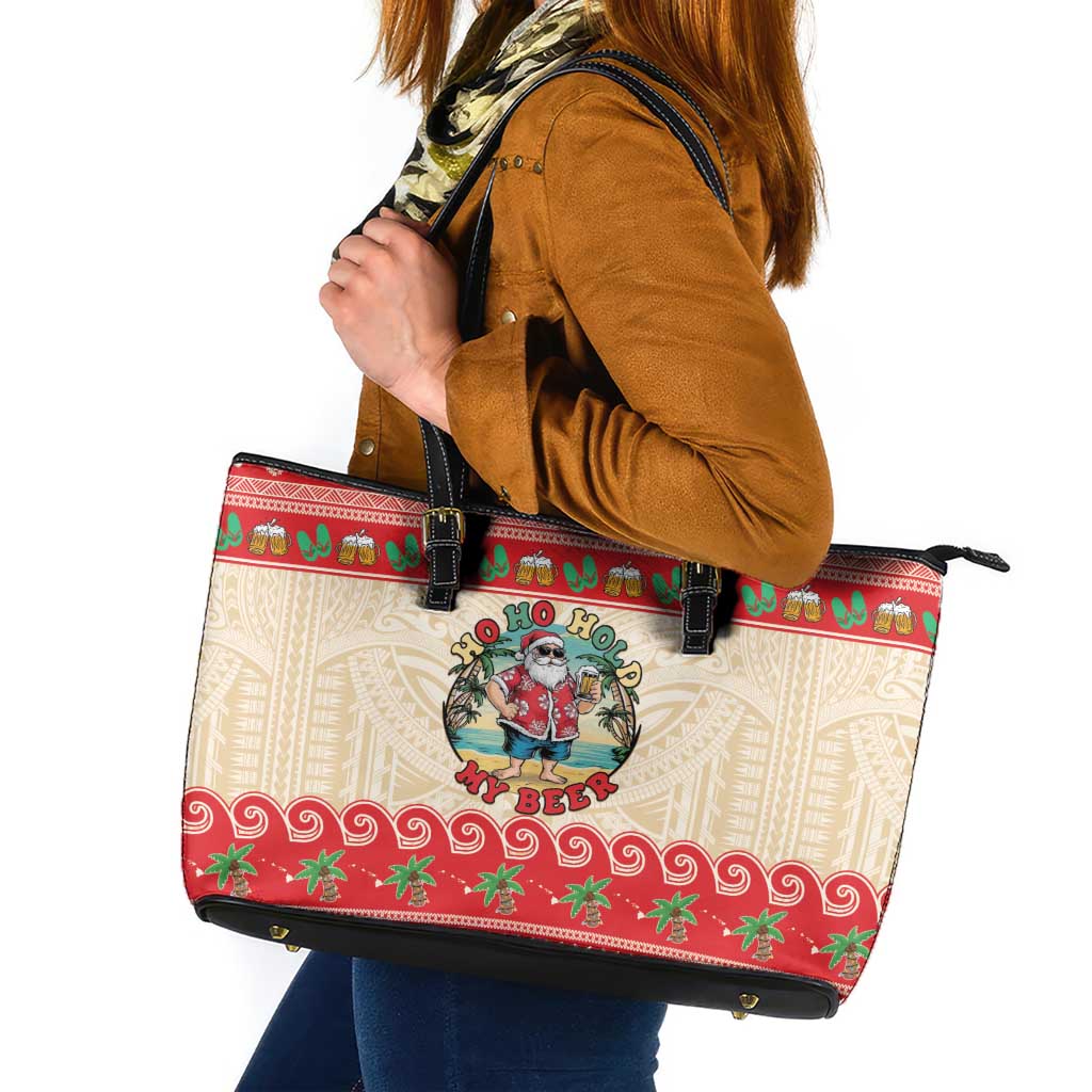 Mele Kalikimaka Hawaii Leather Tote Bag Funny Beer-Loving Santa Hawaiian Tropical - Polynesian Pride