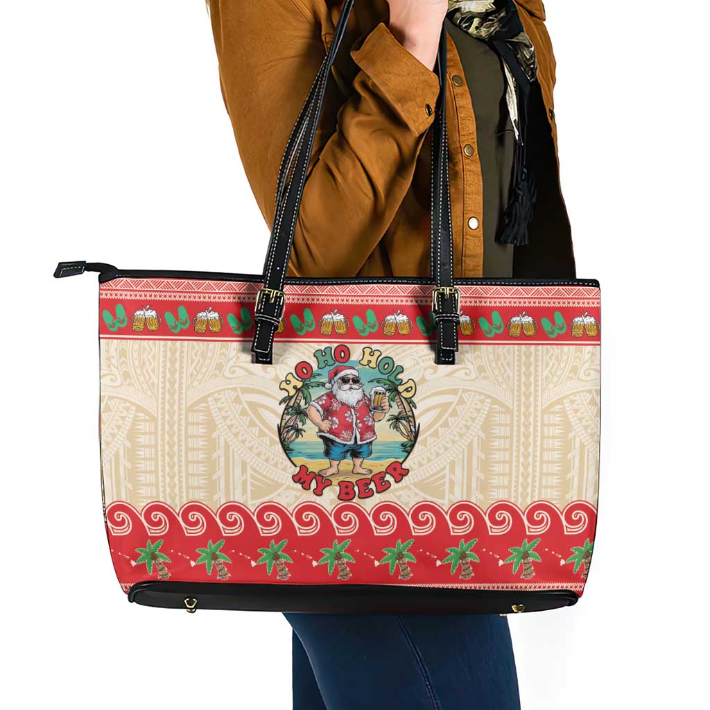 Mele Kalikimaka Hawaii Leather Tote Bag Funny Beer-Loving Santa Hawaiian Tropical - Polynesian Pride