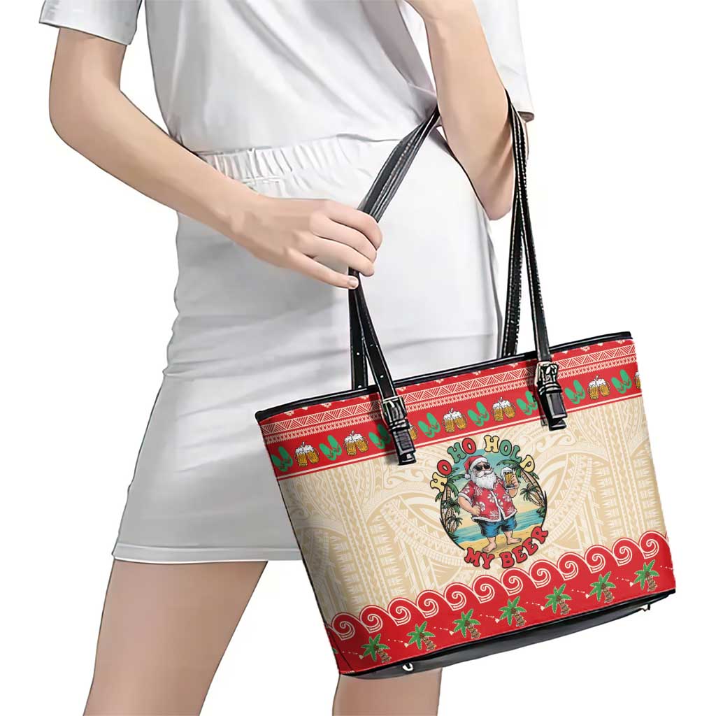 Mele Kalikimaka Hawaii Leather Tote Bag Funny Beer-Loving Santa Hawaiian Tropical - Polynesian Pride