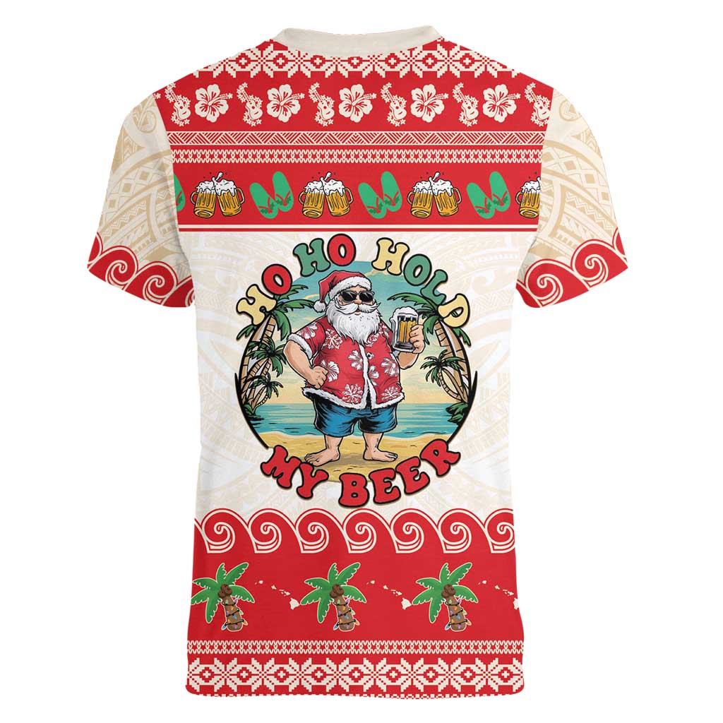 Mele Kalikimaka Hawaii Women V-Neck T-Shirt Funny Beer-Loving Santa Hawaiian Tropical LT14 - Polynesian Pride