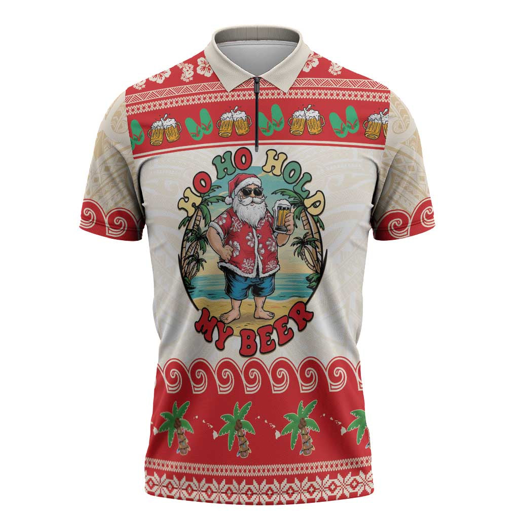 Mele Kalikimaka Hawaii Zipper Polo Shirt Funny Beer-Loving Santa Hawaiian Tropical - Polynesian Pride