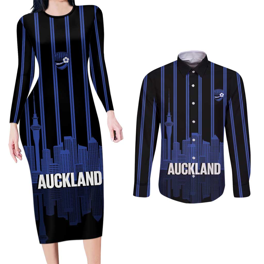 New Zealand Auckland Football Custom Couples Matching Long Sleeve Bodycon Dress and Long Sleeve Button Shirt Go City of Sails Est 2025 LT14 Black - Polynesian Pride