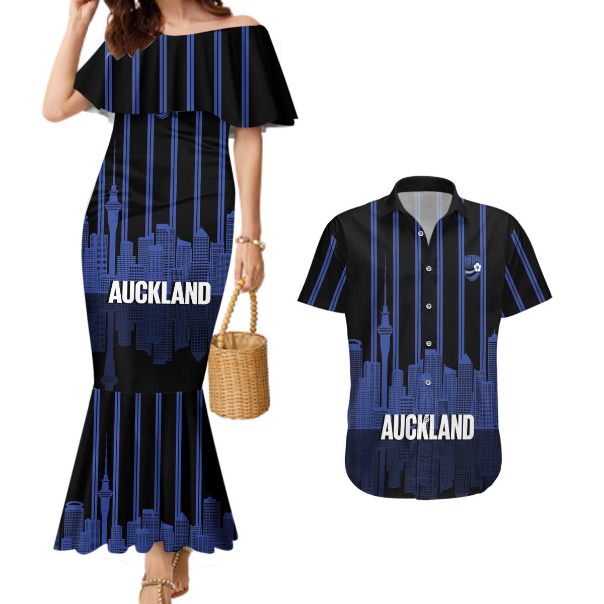 New Zealand Auckland Football Custom Couples Matching Mermaid Dress and Hawaiian Shirt Go City of Sails Est 2025 LT14 Black - Polynesian Pride