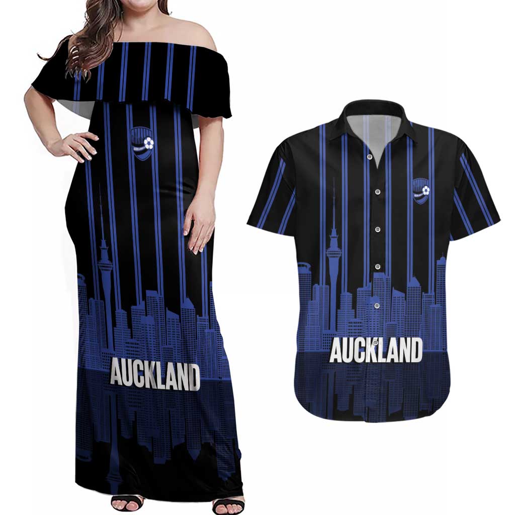 New Zealand Auckland Football Custom Couples Matching Off Shoulder Maxi Dress and Hawaiian Shirt Go City of Sails Est 2025 LT14 Black - Polynesian Pride