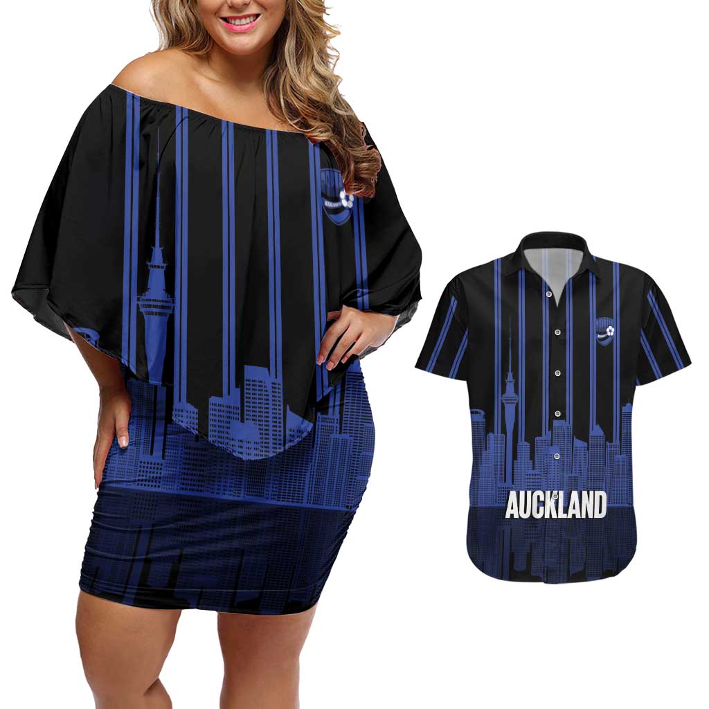New Zealand Auckland Football Custom Couples Matching Off Shoulder Short Dress and Hawaiian Shirt Go City of Sails Est 2025 LT14 Black - Polynesian Pride