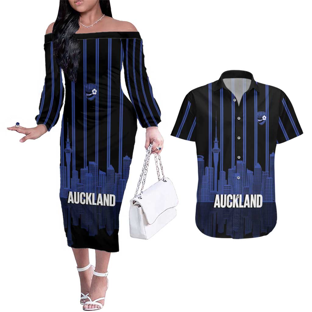 New Zealand Auckland Football Custom Couples Matching Off The Shoulder Long Sleeve Dress and Hawaiian Shirt Go City of Sails Est 2025 LT14 Black - Polynesian Pride