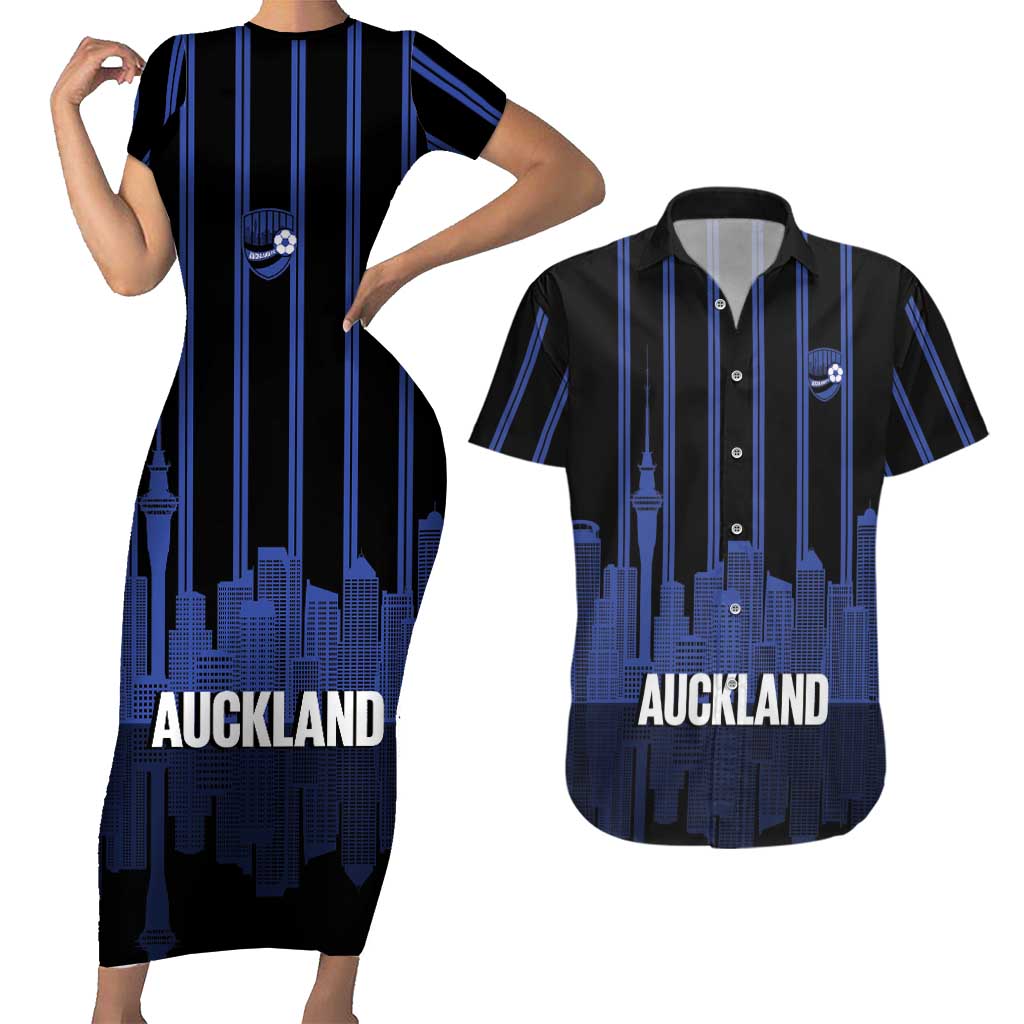 New Zealand Auckland Football Custom Couples Matching Short Sleeve Bodycon Dress and Hawaiian Shirt Go City of Sails Est 2025 LT14 Black - Polynesian Pride