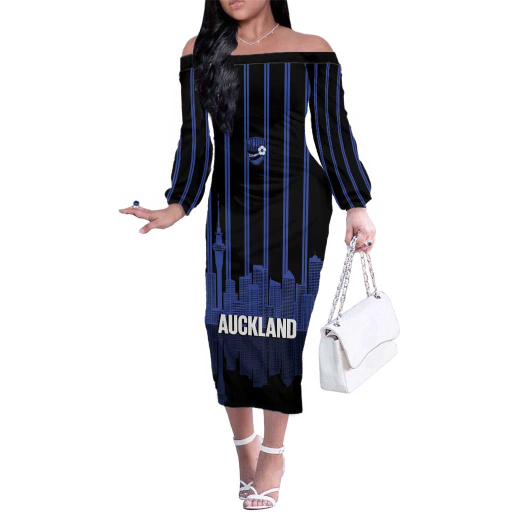 New Zealand Auckland Football Custom Family Matching Off The Shoulder Long Sleeve Dress and Hawaiian Shirt Go City of Sails Est 2025 LT14 Mom's Dress Black - Polynesian Pride