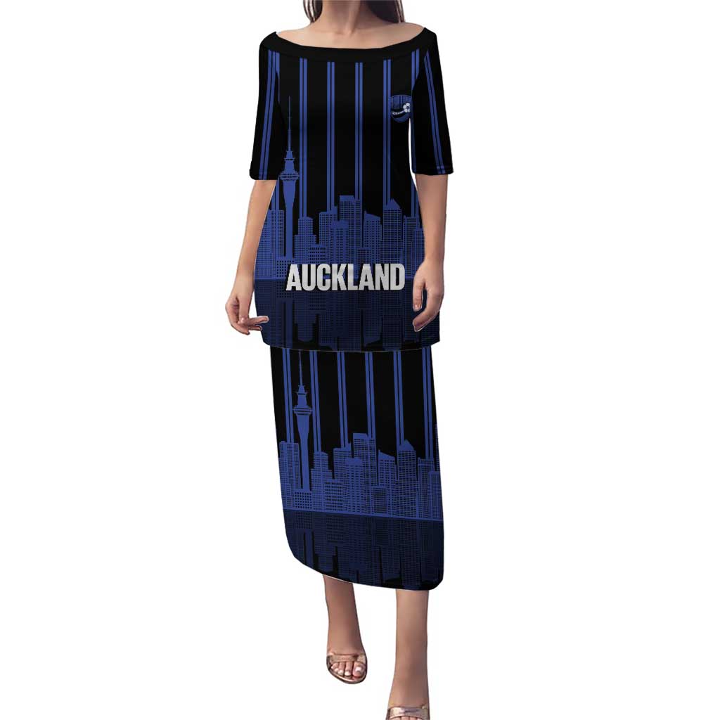 New Zealand Auckland Football Custom Family Matching Puletasi and Hawaiian Shirt Go City of Sails Est 2025 LT14 Mom's Dress Black - Polynesian Pride