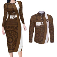 Bula Fiji Football Custom Couples Matching Long Sleeve Bodycon Dress and Long Sleeve Button Shirt One Vanua One Team Tapa Pattern