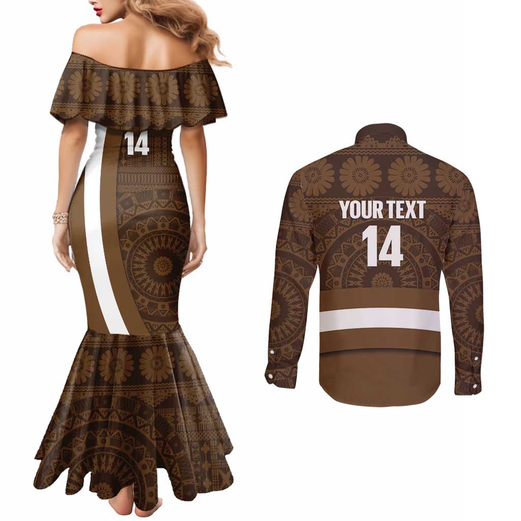 Bula Fiji Football Custom Couples Matching Mermaid Dress and Long Sleeve Button Shirt One Vanua One Team Tapa Pattern