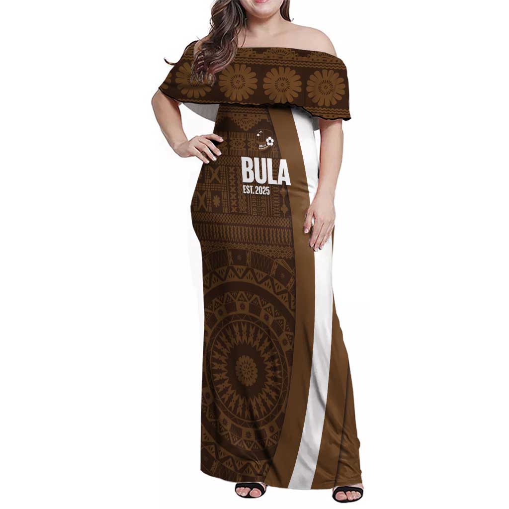 Bula Fiji Football Custom Family Matching Off Shoulder Maxi Dress and Hawaiian Shirt One Vanua One Team Tapa Pattern LT14 Mom's Dress Brown - Polynesian Pride
