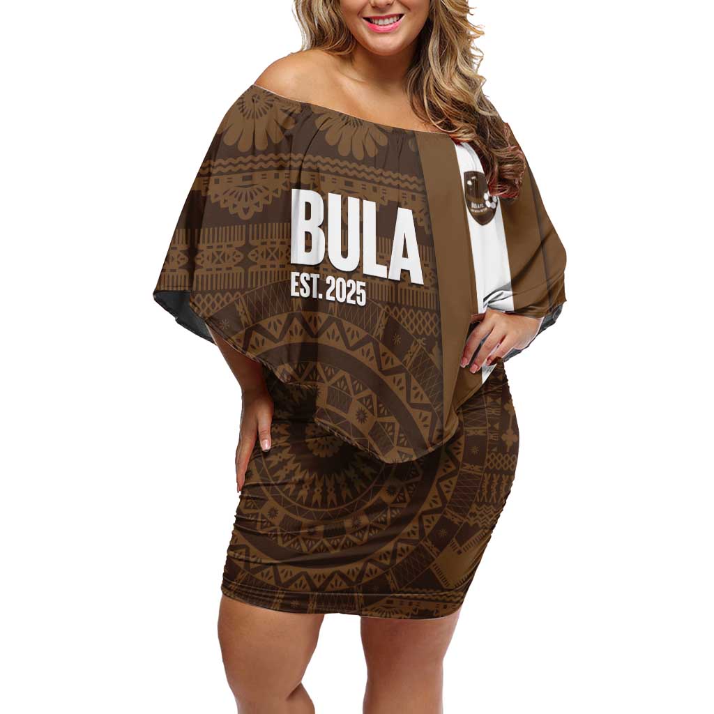 Bula Fiji Football Custom Family Matching Off Shoulder Short Dress and Hawaiian Shirt One Vanua One Team Tapa Pattern LT14 Mom's Dress Brown - Polynesian Pride