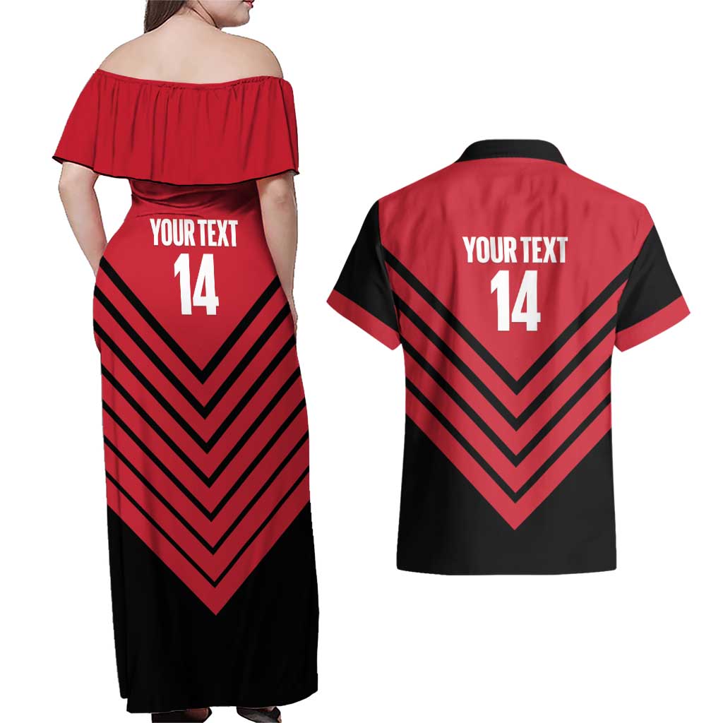 Hekari Papua New Guinea Football Custom Couples Matching Off Shoulder Maxi Dress and Hawaiian Shirt Go PNG Red Army LT14 - Polynesian Pride