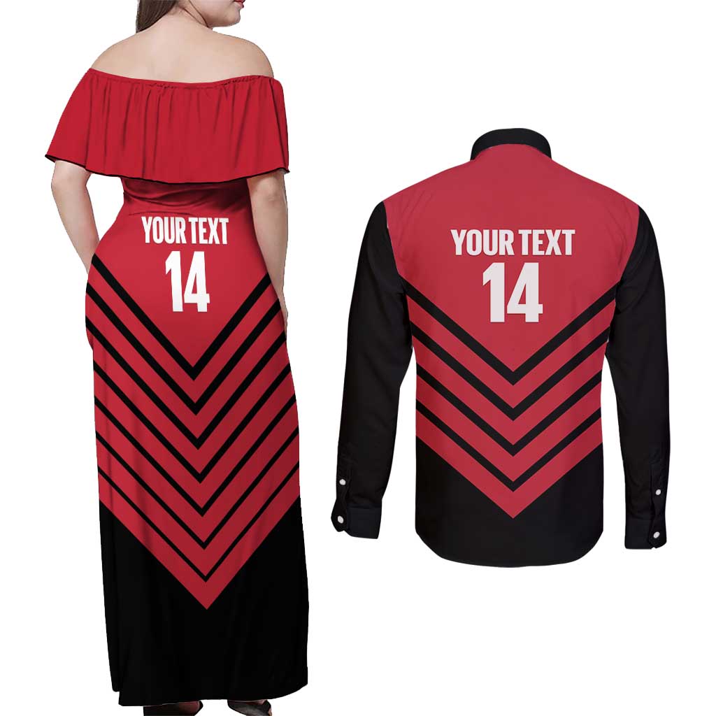 Hekari Papua New Guinea Football Custom Couples Matching Off Shoulder Maxi Dress and Long Sleeve Button Shirt Go PNG Red Army LT14 - Polynesian Pride