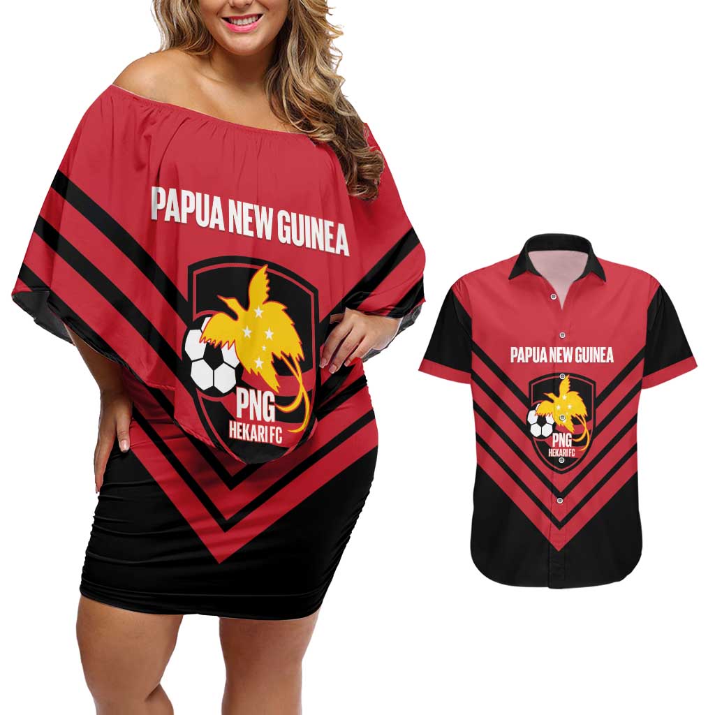 Hekari Papua New Guinea Football Custom Couples Matching Off Shoulder Short Dress and Hawaiian Shirt Go PNG Red Army LT14 Red - Polynesian Pride
