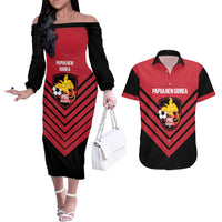 Hekari Papua New Guinea Football Custom Couples Matching Off The Shoulder Long Sleeve Dress and Hawaiian Shirt Go PNG Red Army LT14 Red - Polynesian Pride