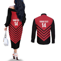 Hekari Papua New Guinea Football Custom Couples Matching Off The Shoulder Long Sleeve Dress and Long Sleeve Button Shirt Go PNG Red Army LT14 - Polynesian Pride