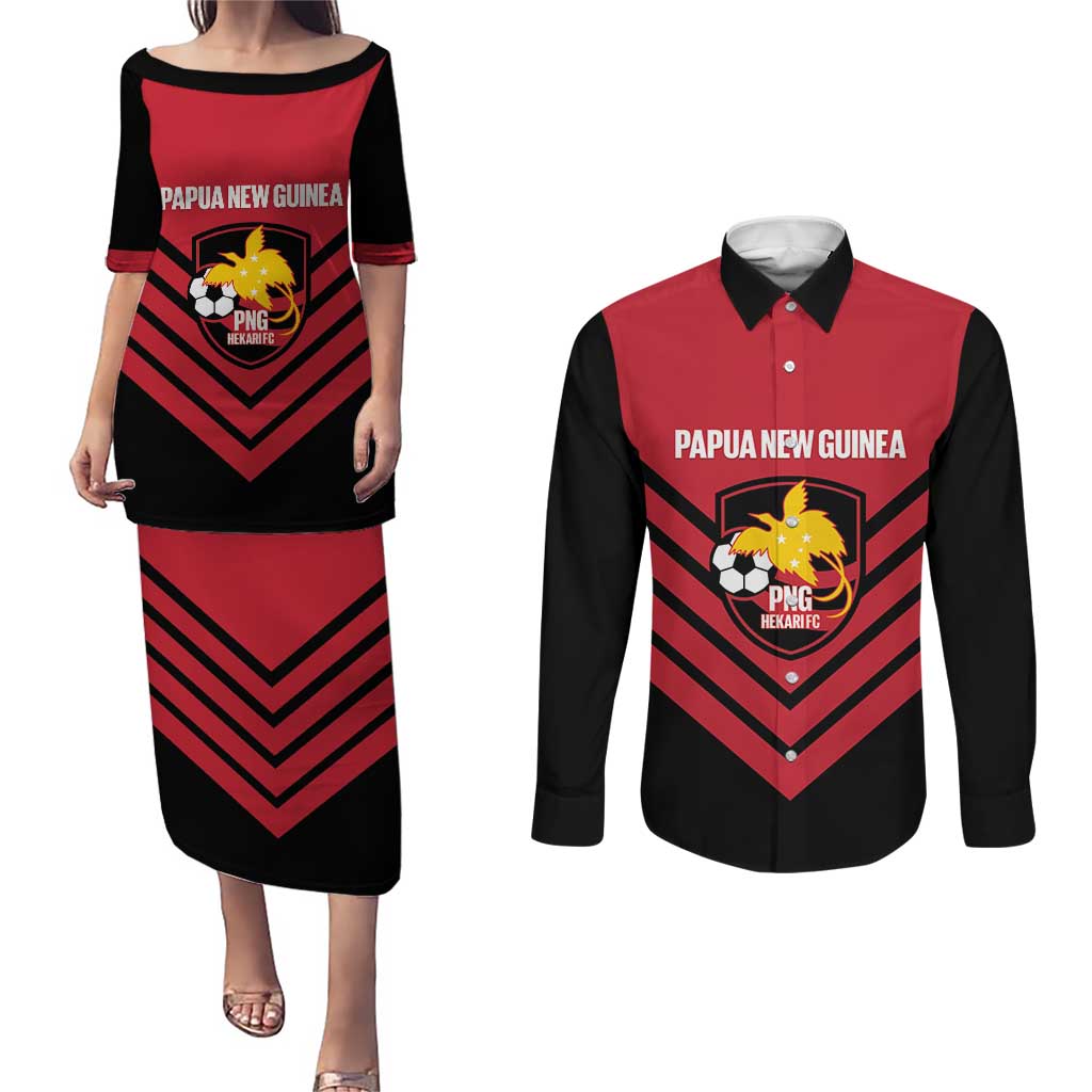 Hekari Papua New Guinea Football Custom Couples Matching Puletasi and Long Sleeve Button Shirt Go PNG Red Army