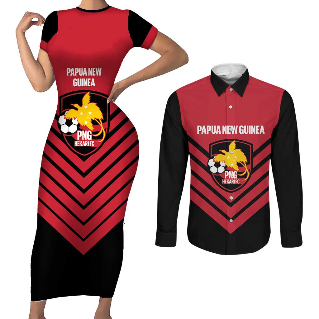 Hekari Papua New Guinea Football Custom Couples Matching Short Sleeve Bodycon Dress and Long Sleeve Button Shirt Go PNG Red Army