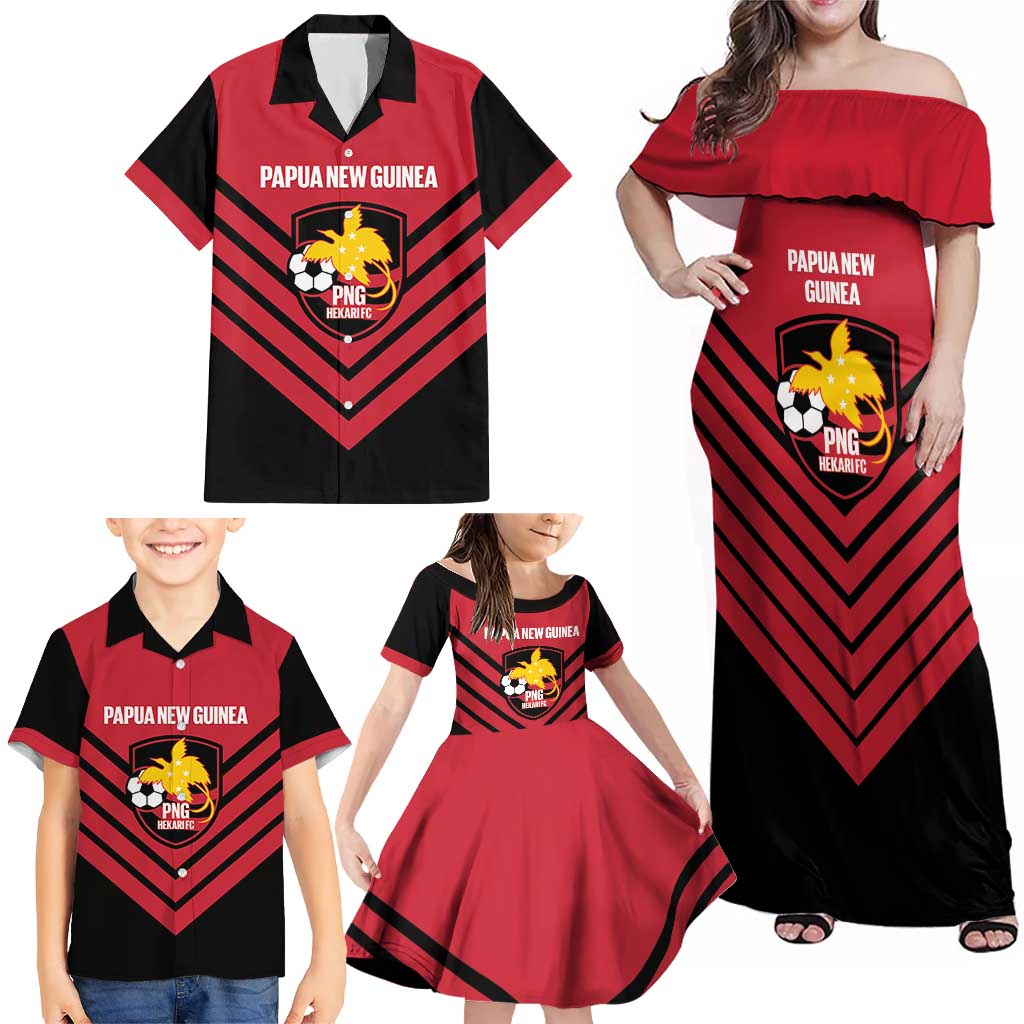 Hekari Papua New Guinea Football Custom Family Matching Off Shoulder Maxi Dress and Hawaiian Shirt Go PNG Red Army LT14 - Polynesian Pride