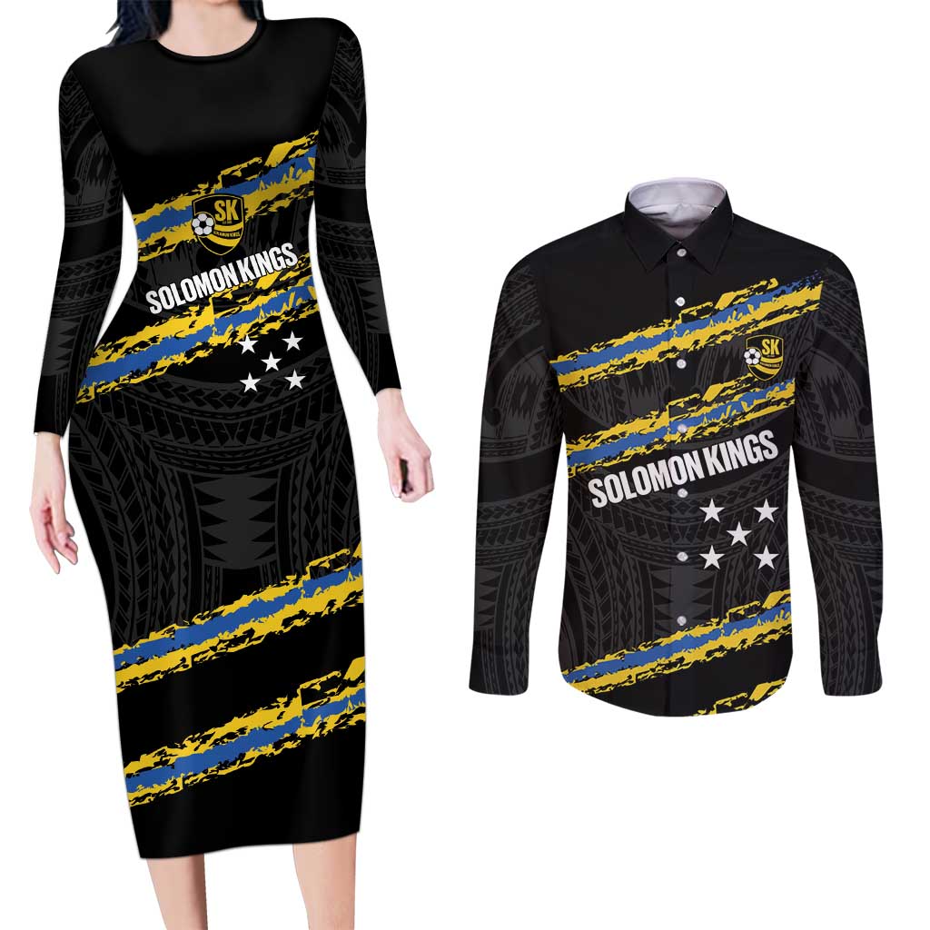 Kings Solomon Islands Football Custom Couples Matching Long Sleeve Bodycon Dress and Long Sleeve Button Shirt Come On Solomons Polynesian Grunge Style LT14 Black - Polynesian Pride