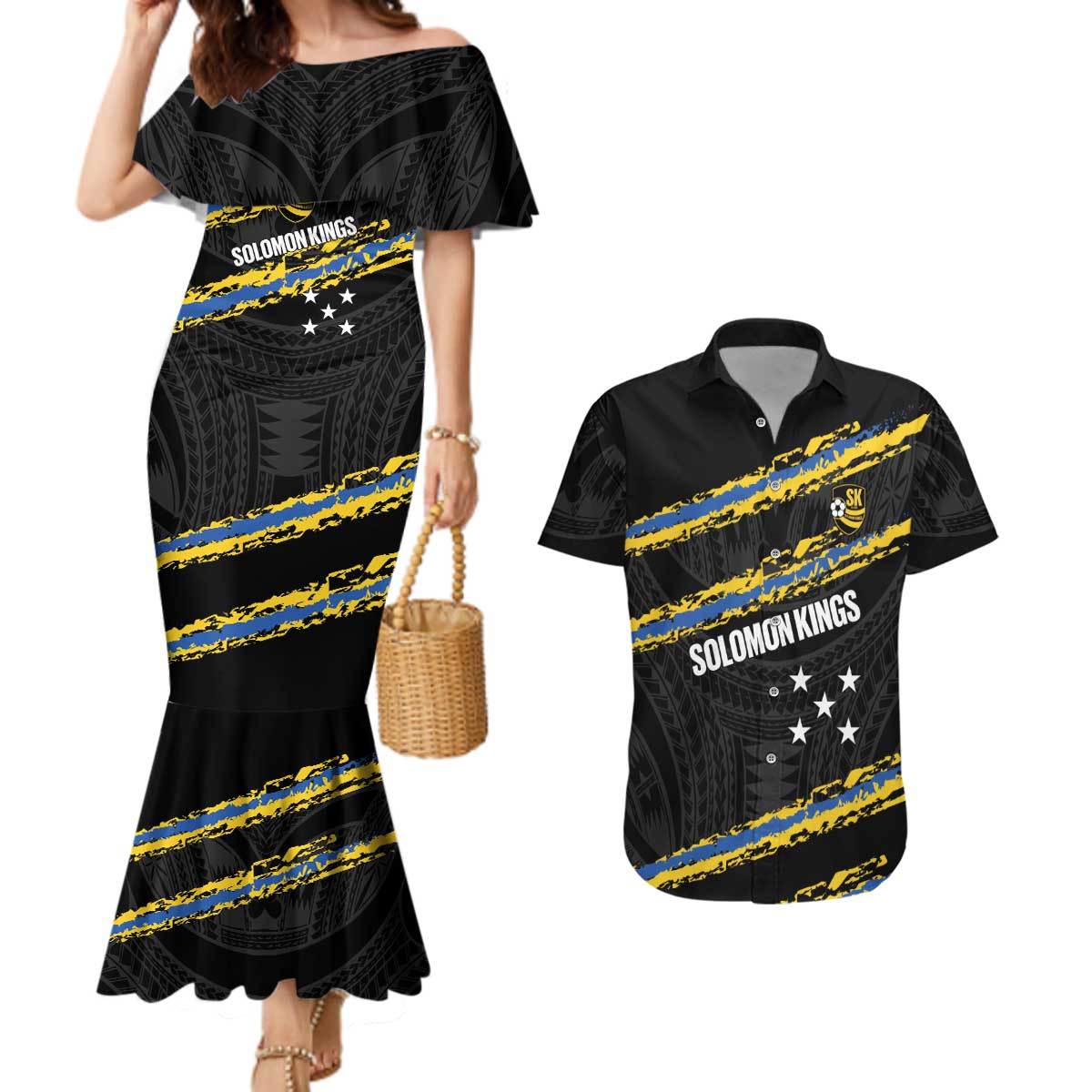 Kings Solomon Islands Football Custom Couples Matching Mermaid Dress and Hawaiian Shirt Come On Solomons Polynesian Grunge Style LT14 Black - Polynesian Pride