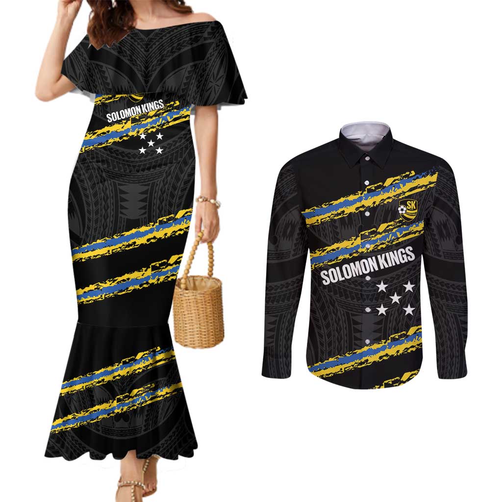 Kings Solomon Islands Football Custom Couples Matching Mermaid Dress and Long Sleeve Button Shirt Come On Solomons Polynesian Grunge Style LT14 Black - Polynesian Pride