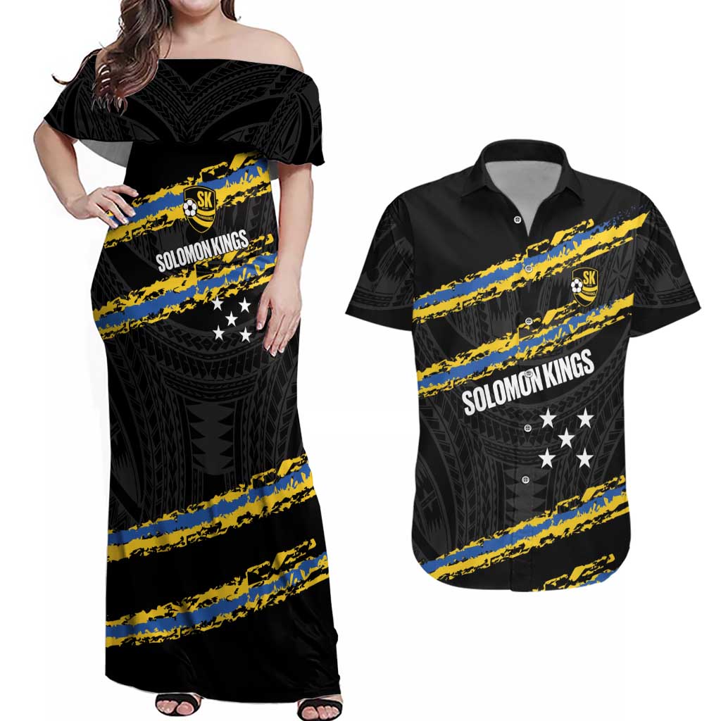 Kings Solomon Islands Football Custom Couples Matching Off Shoulder Maxi Dress and Hawaiian Shirt Come On Solomons Polynesian Grunge Style LT14 Black - Polynesian Pride