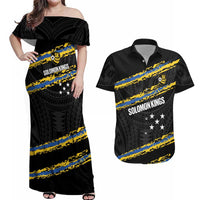 Kings Solomon Islands Football Custom Couples Matching Off Shoulder Maxi Dress and Hawaiian Shirt Come On Solomons Polynesian Grunge Style LT14 Black - Polynesian Pride