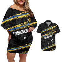 Kings Solomon Islands Football Custom Couples Matching Off Shoulder Short Dress and Hawaiian Shirt Come On Solomons Polynesian Grunge Style LT14 Black - Polynesian Pride