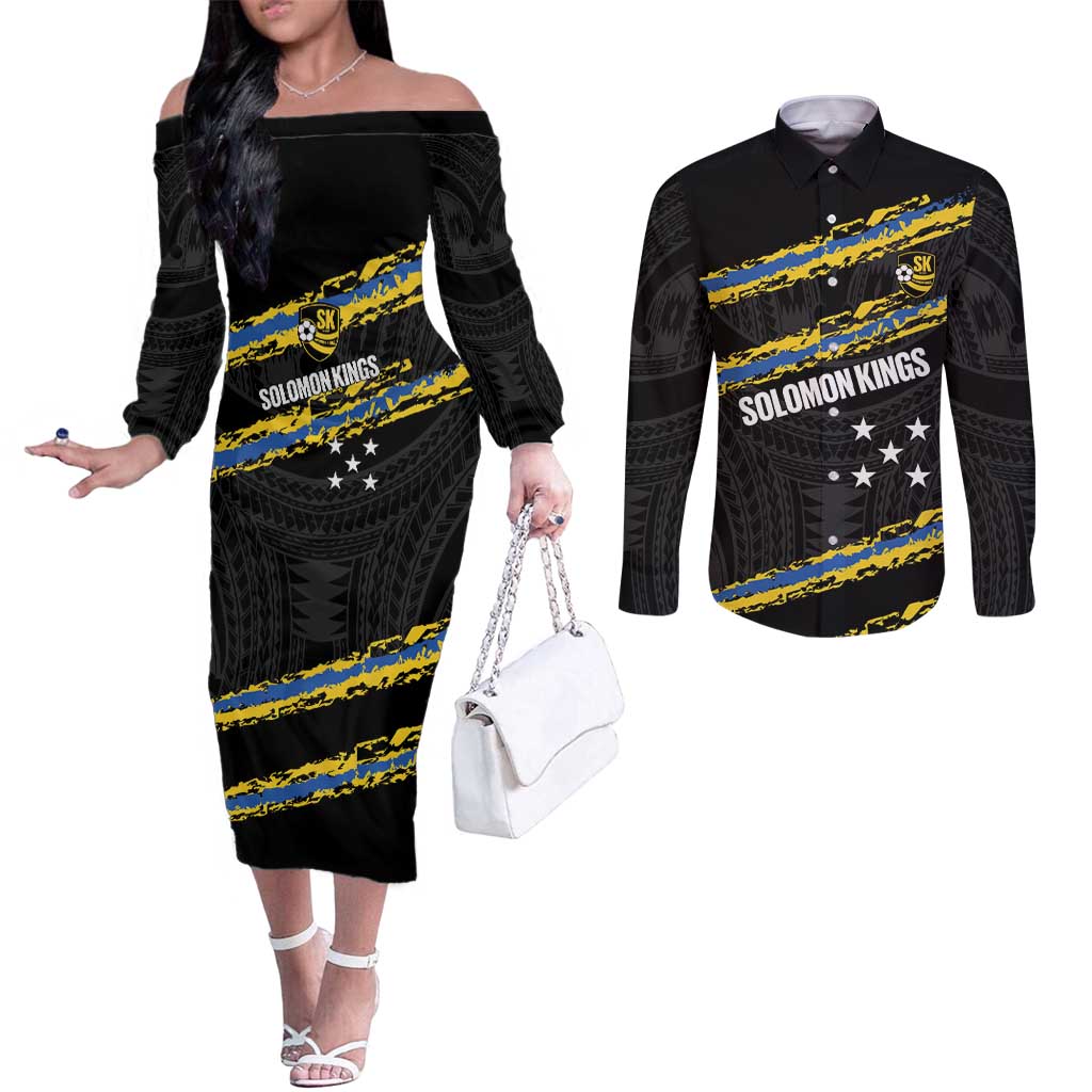 Kings Solomon Islands Football Custom Couples Matching Off The Shoulder Long Sleeve Dress and Long Sleeve Button Shirt Come On Solomons Polynesian Grunge Style LT14 Black - Polynesian Pride