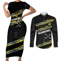 Kings Solomon Islands Football Custom Couples Matching Short Sleeve Bodycon Dress and Long Sleeve Button Shirt Come On Solomons Polynesian Grunge Style LT14 Black - Polynesian Pride