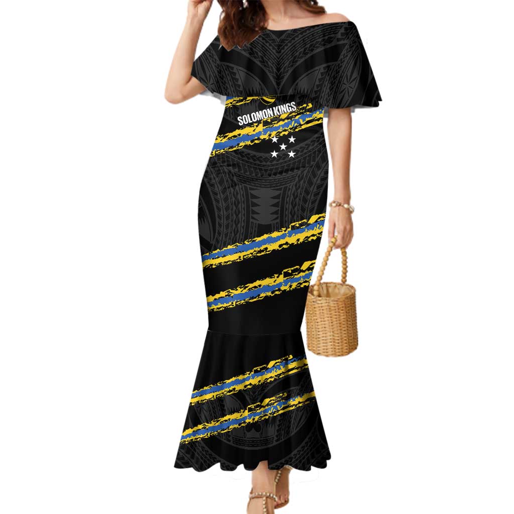 Kings Solomon Islands Football Custom Family Matching Mermaid Dress and Hawaiian Shirt Come On Solomons Polynesian Grunge Style LT14 Mom's Dress Black - Polynesian Pride