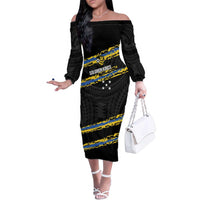 Kings Solomon Islands Football Custom Family Matching Off The Shoulder Long Sleeve Dress and Hawaiian Shirt Come On Solomons Polynesian Grunge Style LT14 Mom's Dress Black - Polynesian Pride