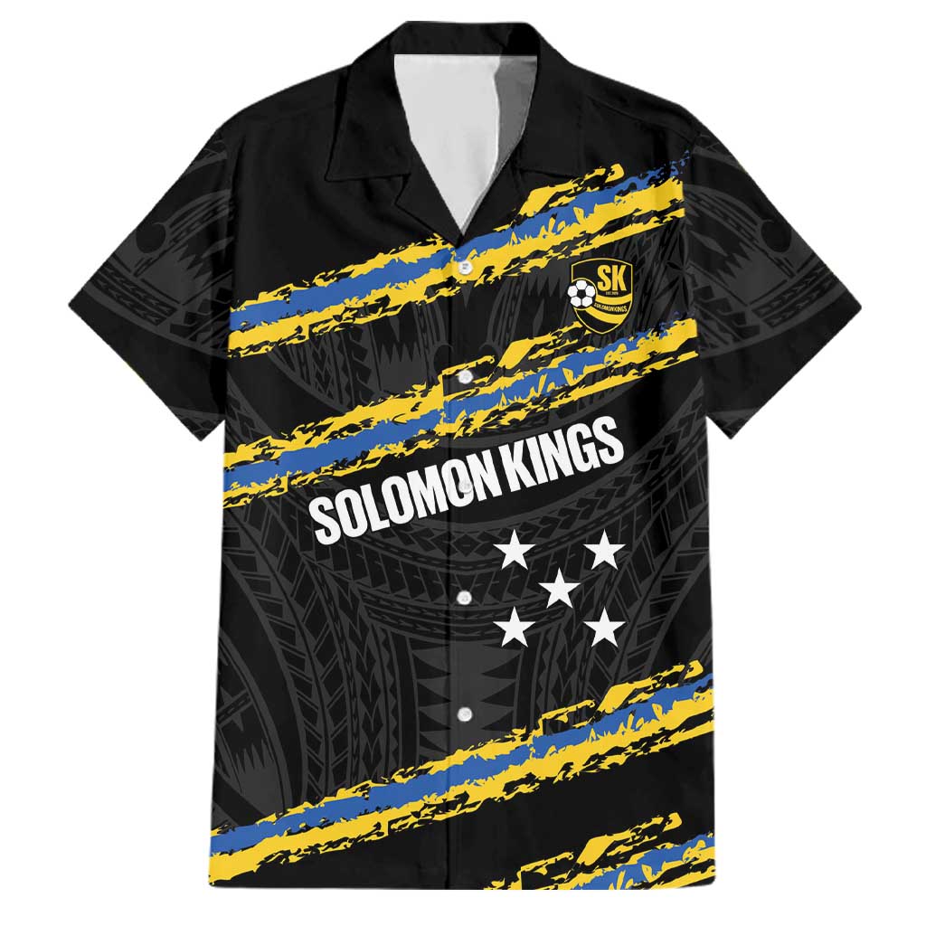 Kings Solomon Islands Football Custom Family Matching Off Shoulder Maxi Dress and Hawaiian Shirt Come On Solomons Polynesian Grunge Style LT14 Dad's Shirt - Short Sleeve Black - Polynesian Pride
