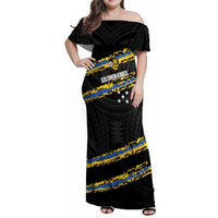 Kings Solomon Islands Football Custom Family Matching Off Shoulder Maxi Dress and Hawaiian Shirt Come On Solomons Polynesian Grunge Style LT14 Mom's Dress Black - Polynesian Pride