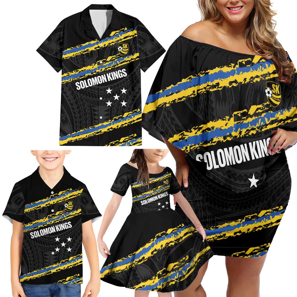 Kings Solomon Islands Football Custom Family Matching Off Shoulder Short Dress and Hawaiian Shirt Come On Solomons Polynesian Grunge Style LT14 - Polynesian Pride