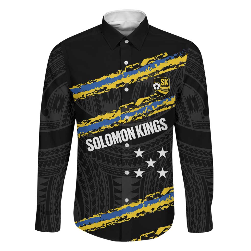 Kings Solomon Islands Football Custom Family Matching Off Shoulder Short Dress and Hawaiian Shirt Come On Solomons Polynesian Grunge Style LT14 Dad's Shirt - Long Sleeve Black - Polynesian Pride