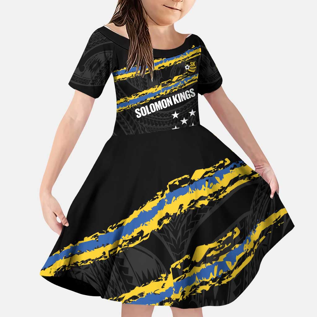 Kings Solomon Islands Football Custom Family Matching Puletasi and Hawaiian Shirt Come On Solomons Polynesian Grunge Style LT14 Daughter's Dress Black - Polynesian Pride