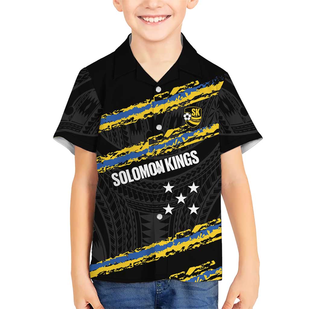 Kings Solomon Islands Football Custom Family Matching Summer Maxi Dress and Hawaiian Shirt Come On Solomons Polynesian Grunge Style LT14 Son's Shirt Black - Polynesian Pride