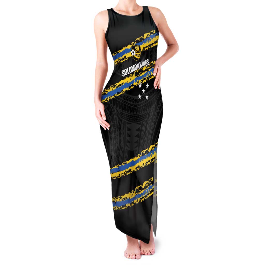 Kings Solomon Islands Football Custom Family Matching Tank Maxi Dress and Hawaiian Shirt Come On Solomons Polynesian Grunge Style LT14 Mom's Dress Black - Polynesian Pride