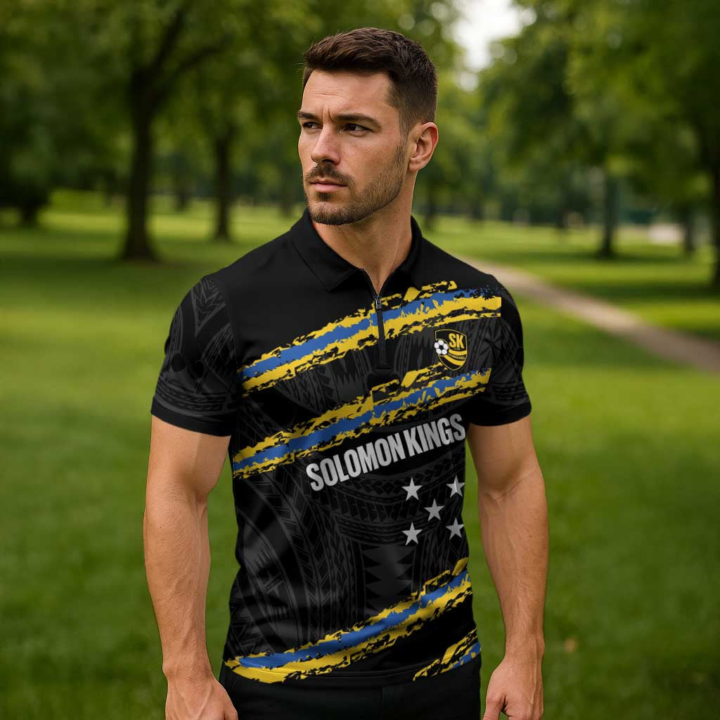Kings Solomon Islands Football Custom Zipper Polo Shirt Come On Solomons Polynesian Grunge Style