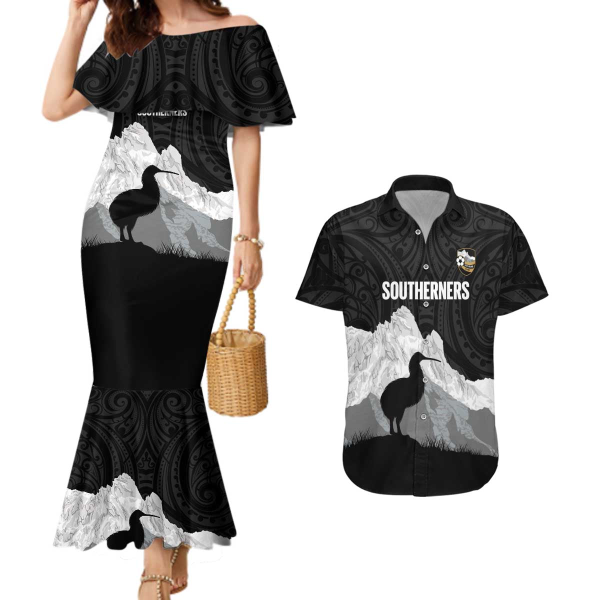 New Zealand South Island Football Custom Couples Matching Mermaid Dress and Hawaiian Shirt Aoraki Mount Cook With Kiwi Maori Pattern LT14 Black - Polynesian Pride