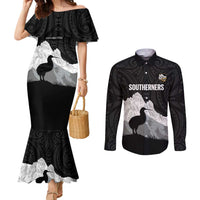 New Zealand South Island Football Custom Couples Matching Mermaid Dress and Long Sleeve Button Shirt Aoraki Mount Cook With Kiwi Maori Pattern LT14 Black - Polynesian Pride
